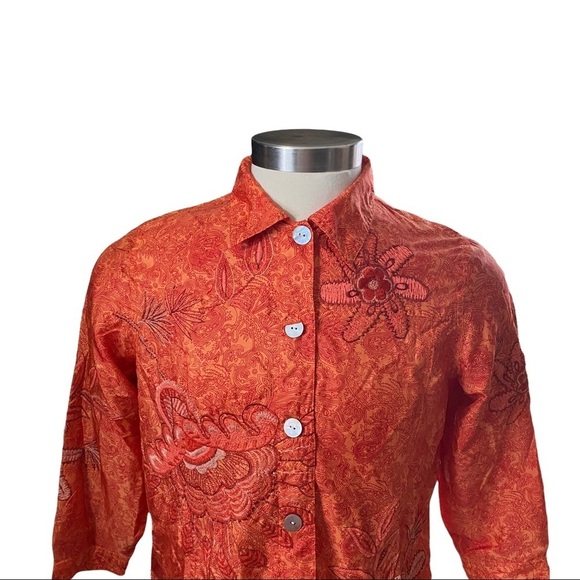 Laura Ashley Burnt Orange 100% Silk Floral Embroidered Collared Blouse Jacket PL - Picture 2 of 11
